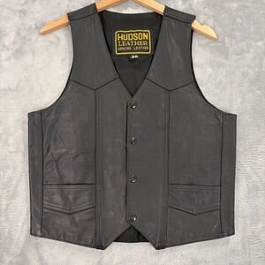 Hudson Leather Mens Size 38 Black Sleeveless V-Neck Snap Front Motorcycle Vest